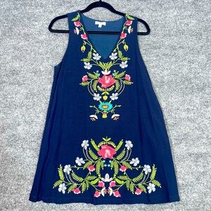 Umgee Women’s Small Blue Floral Embroidered Sleeveless V Neck‎ Lined Mini Dress